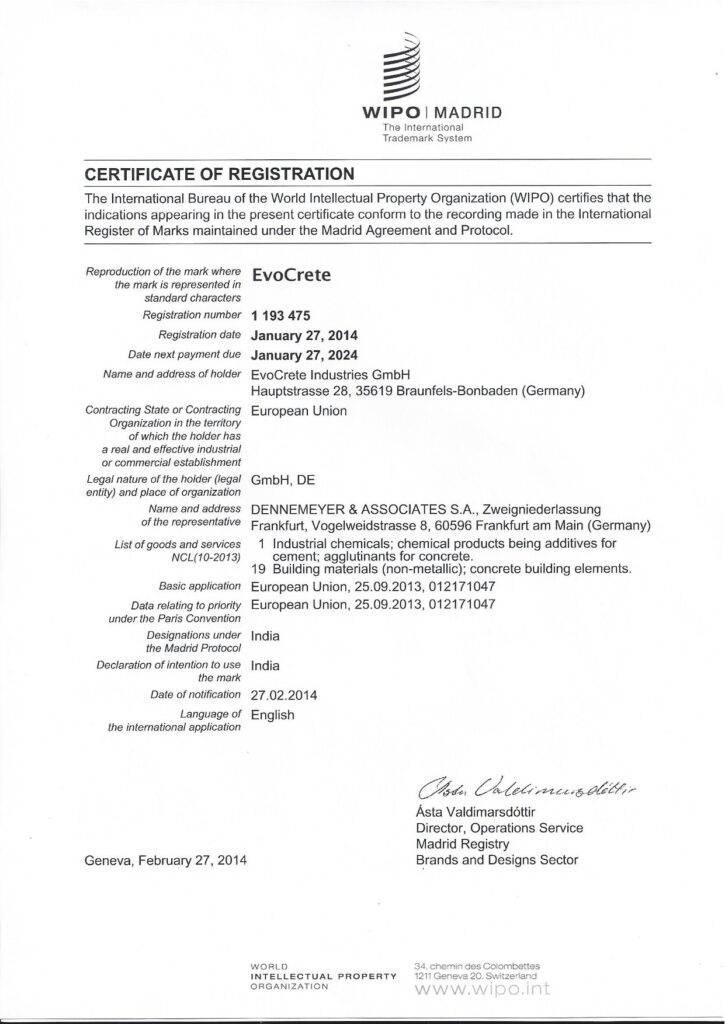 Zertifikat - EvoCrete Markenschutz Indien