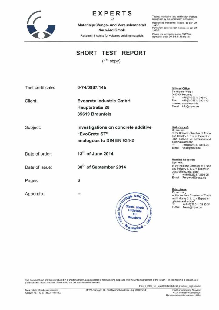 Zertifikat: SHORT TEST REPORT